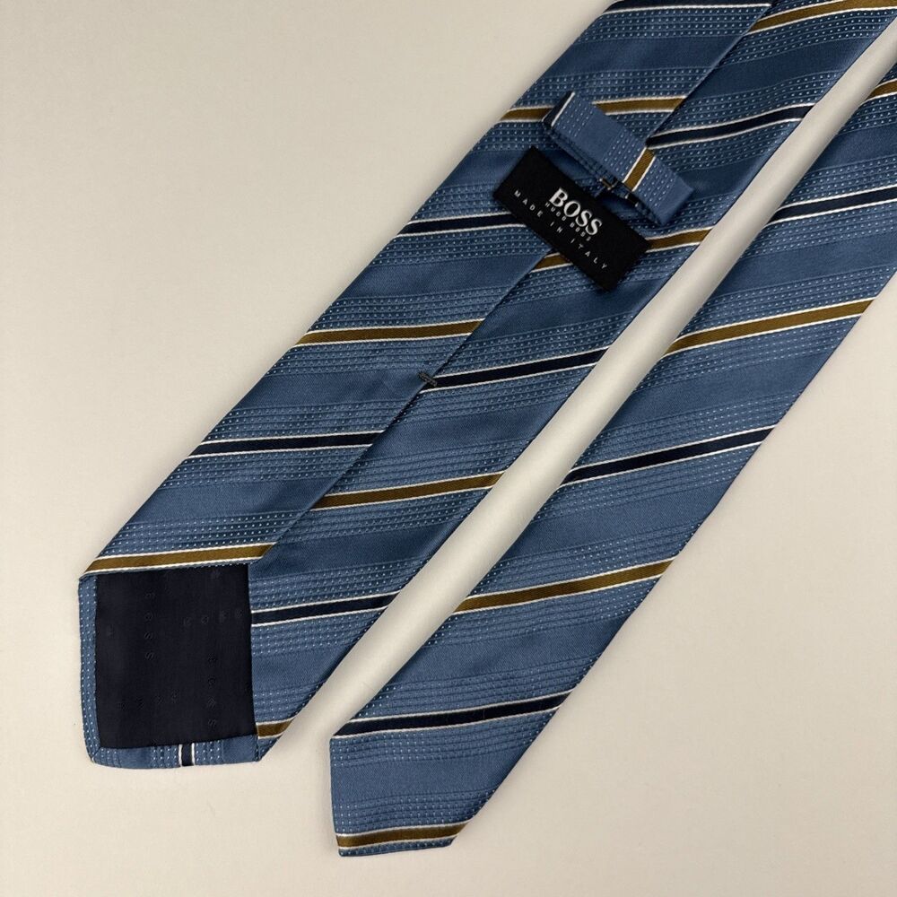 HUGO BOSS Men's 100% Silk Necktie LUXURY Tie Blue White Striped 60" x 3"